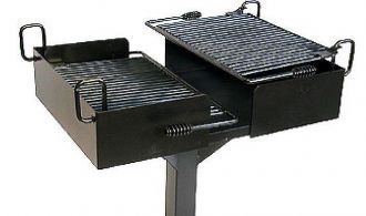 Bi-Level In Ground Pedestal Mount Commercial Park Grill with two infinitely adjustable flip back grates.