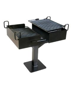 Bi-Level Surface Mount Pedestal Commercial Park Grill with two infinitely adjustable flip back grates.
