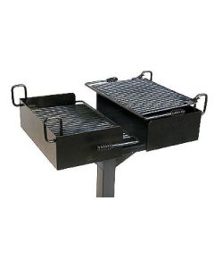 Bi-Level In Ground Pedestal Mount Commercial Park Grill with two infinitely adjustable flip back grates.