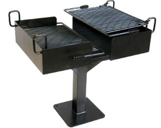 Bi-Level Surface Mount Pedestal Commercial Park Grill with two infinitely adjustable flip back grates.