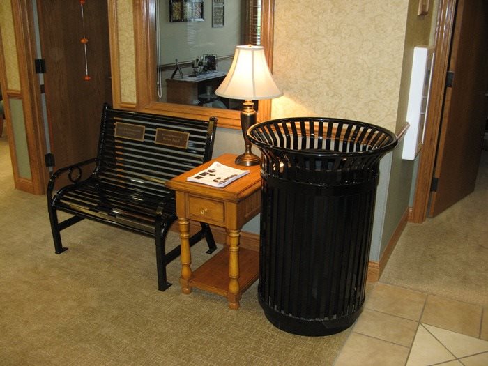 Park Bench & Trash Receptacle at Heartland Bank